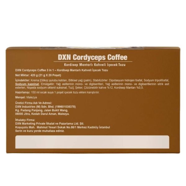 DXN Cordyceps Coffee, Cordyceps mantarı özü eklenerek 1.kalite Brezilya kahvesinden özel olarak formüle edilmiştir. DXN Cordyceps Coffee'nin benzersiz formülü, gününüzü yumuşatmak için pürüzsüz ve aromatik bir kahve yapar.