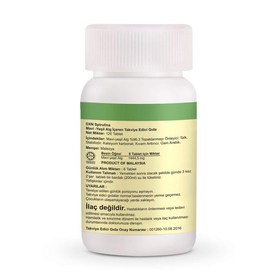 DXN Spirulina 120 Tablet mavi-yeşil alg ya da siyanobakterinin bir türüdür. Organik olarak lisanslı olan DXN çiftliklerinde, özel havuzlarda doğal olarak seçilmiş en iyi tür yetiştirilmekte, herhangi bir şekilde böcek ilacı veya zirai ilaç kullanılmamaktadır.